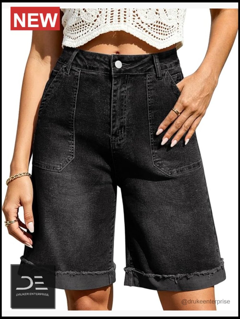High Waisted Bermuda Shorts Denim Cuffed Stretchy Loose Summer Jorts